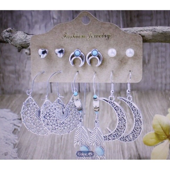 Boho Drop Dangle & Stud Pk 6 Earrings Silver Moon Leaf Heart Pearl Filigree NWT - Picture 2 of 3